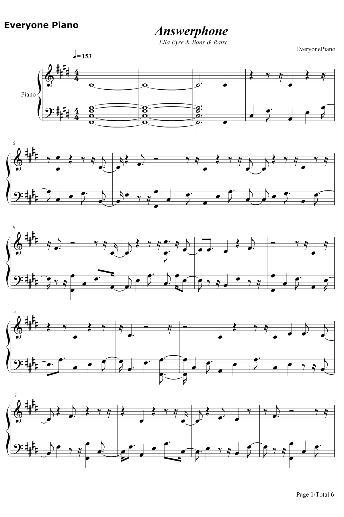 Answerphone钢琴谱-Banx & Ranx / Ella Eyre / Yxng Bane1