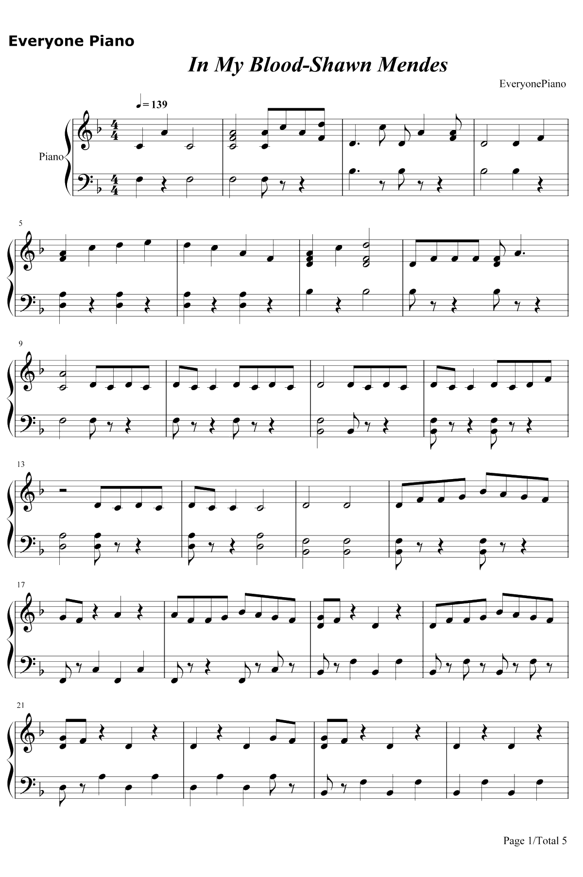 In My Blood钢琴谱-Shawn Mendes1