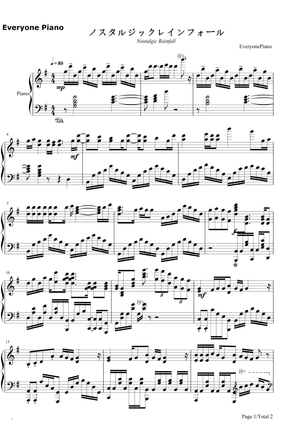 ノスタルジックレインフォール钢琴谱-CHiCO with HoneyWorks1