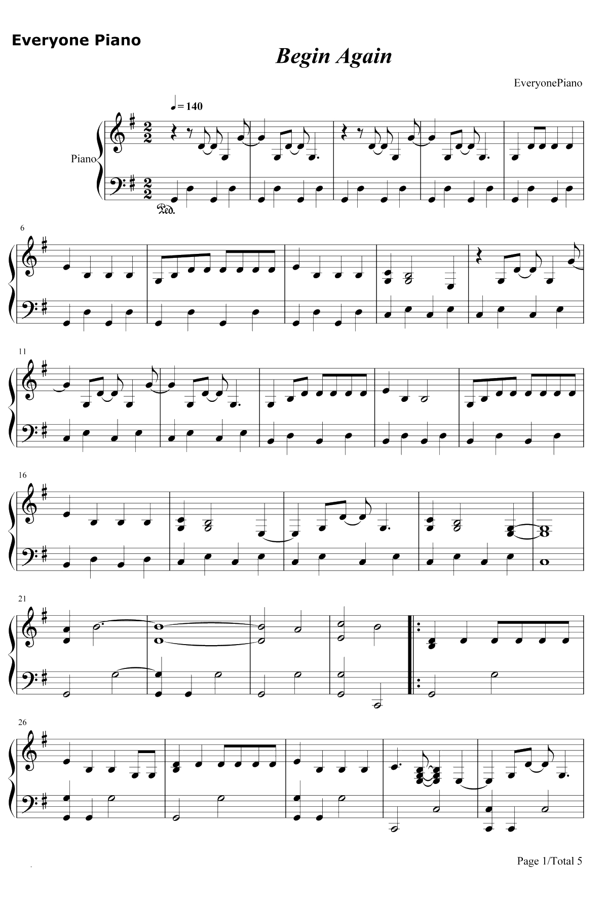 Begin Again钢琴谱-TaylorSwift1