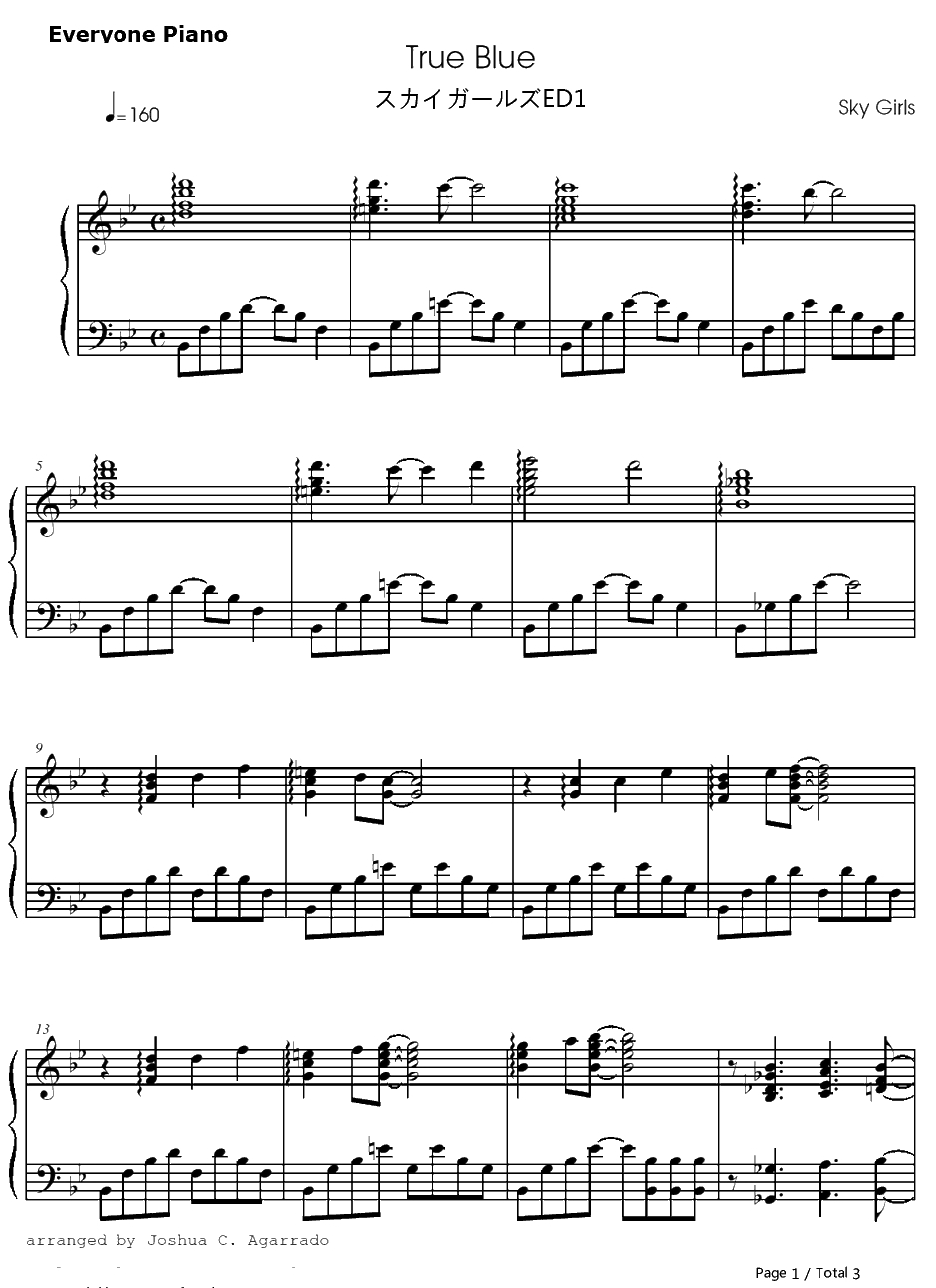True Blue钢琴谱-后藤沙绪里-天翔少女ED11
