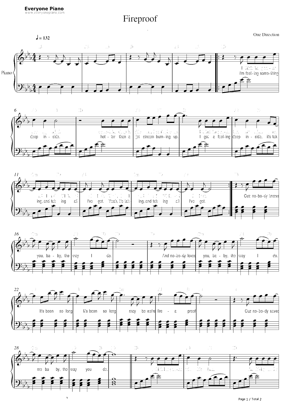 Fireproof钢琴谱-OneDirection1