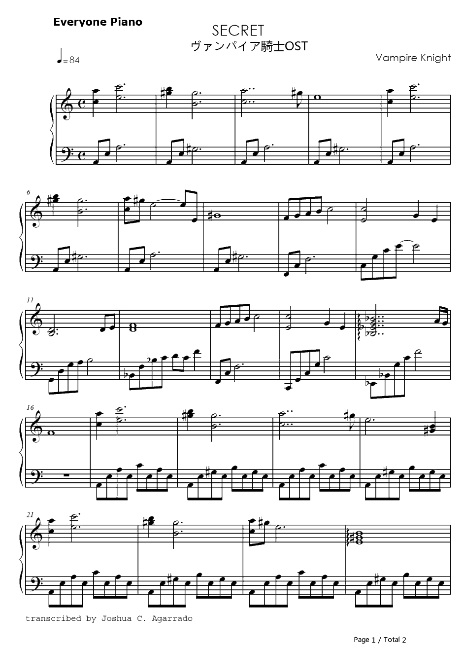 SECRET钢琴谱-羽毛田丈史-吸血鬼骑士BGM1