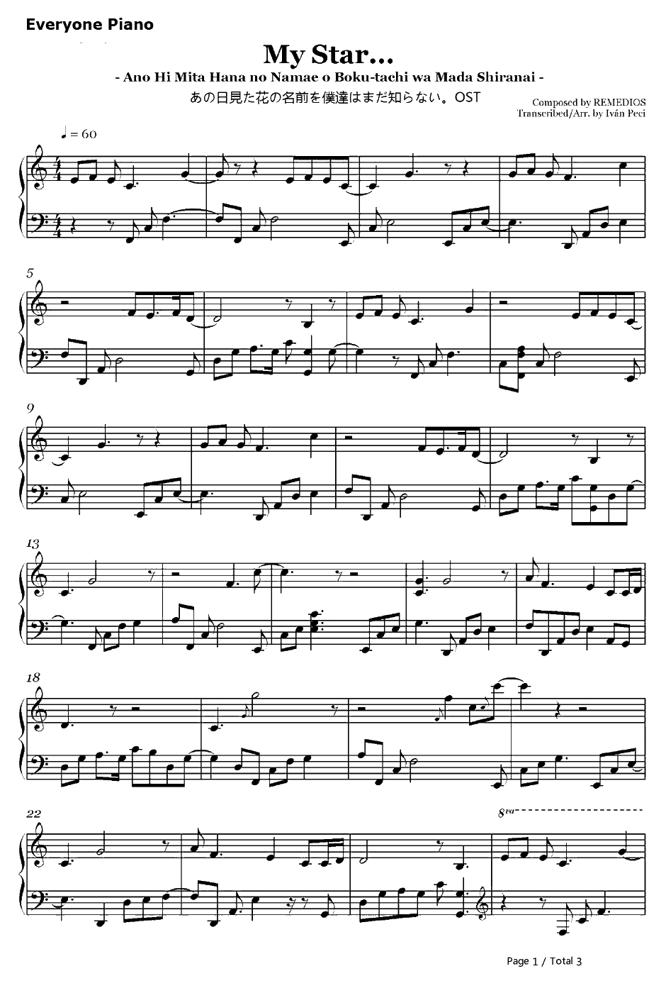 MyStar...钢琴谱-REMEDIOS-我们仍未知道那天所看见的花的名字OST1