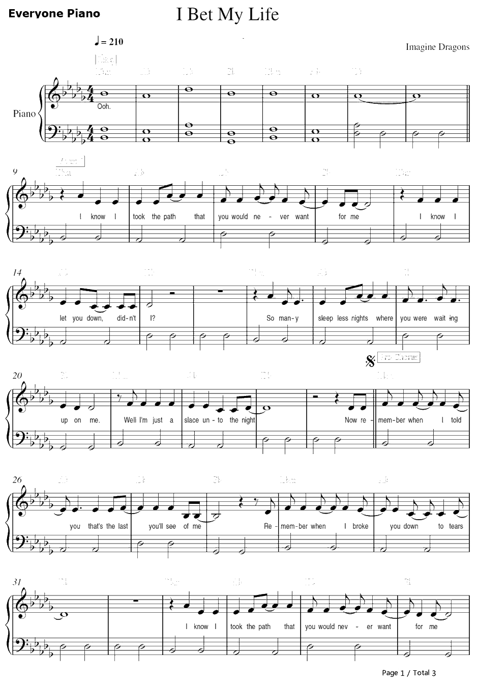 I Bet My Life钢琴谱-ImagineDragons1