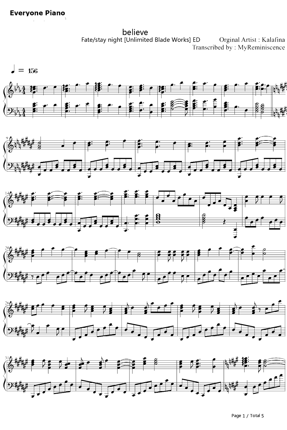 Believe钢琴谱-Kalafina-Fate/staynight第二作ED1