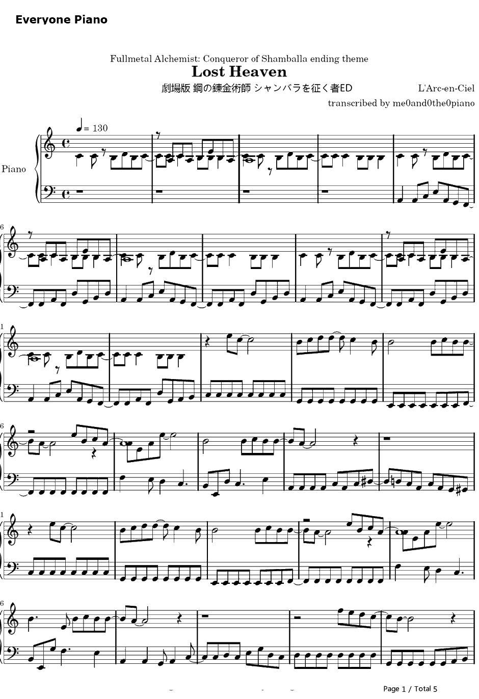 Lost Heaven钢琴谱-L'Arc-en-Ciel-剧场版钢之炼金术师香巴拉的征服者ED1