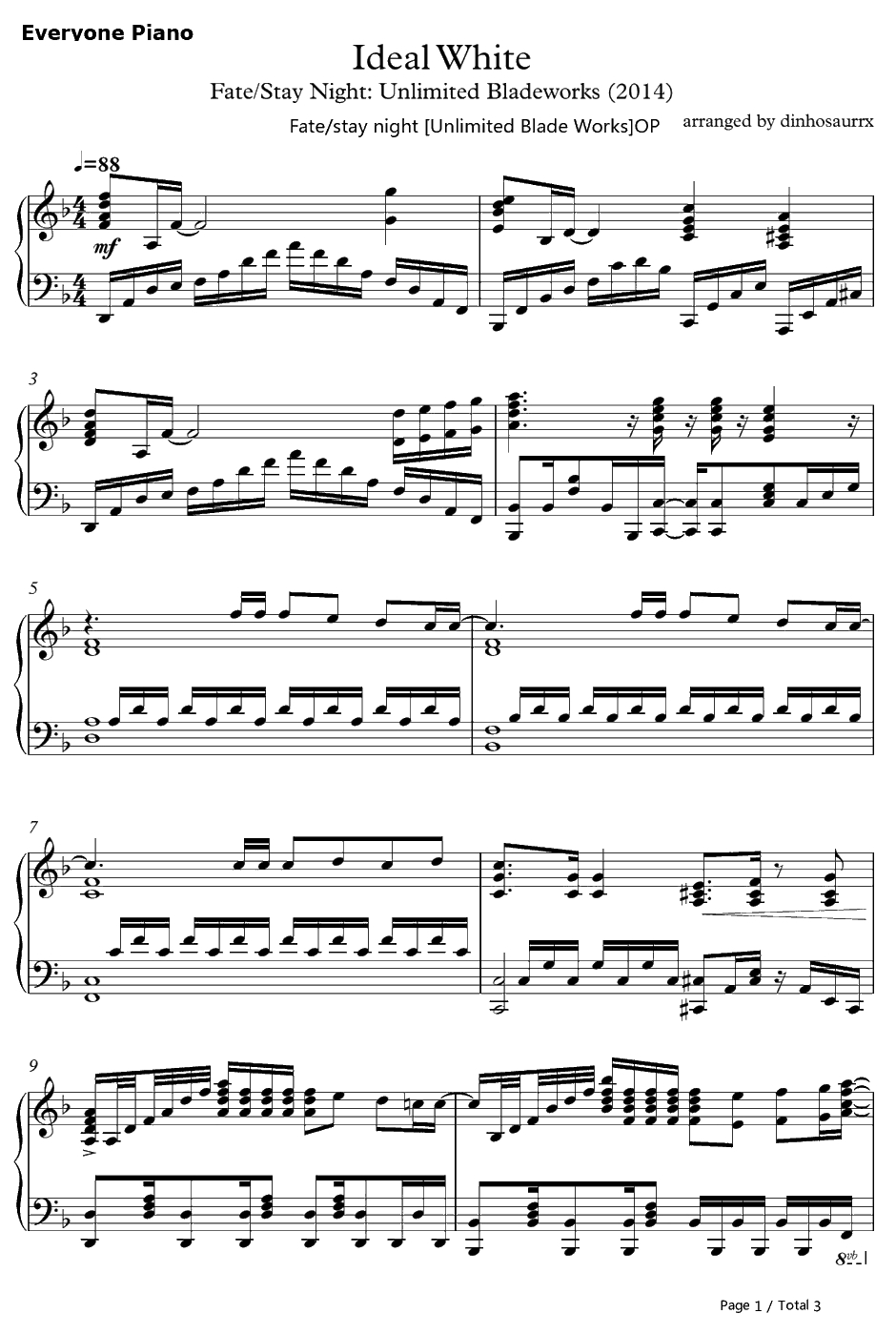 Ideal White钢琴谱-绫野真白-FatestaynightUnlimitedBladeWorksOP1