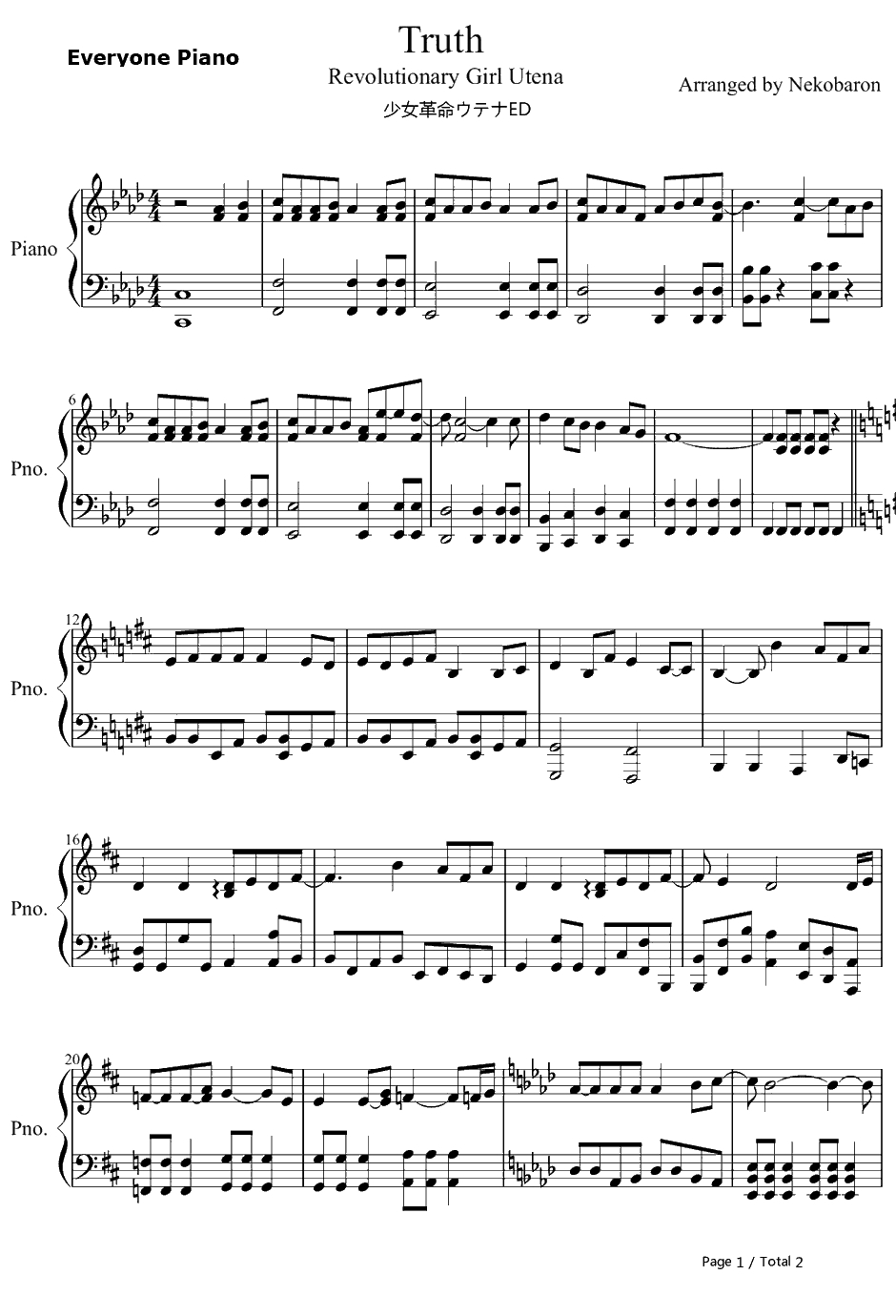 Truth钢琴谱-裕未琉华-少女革命ED11