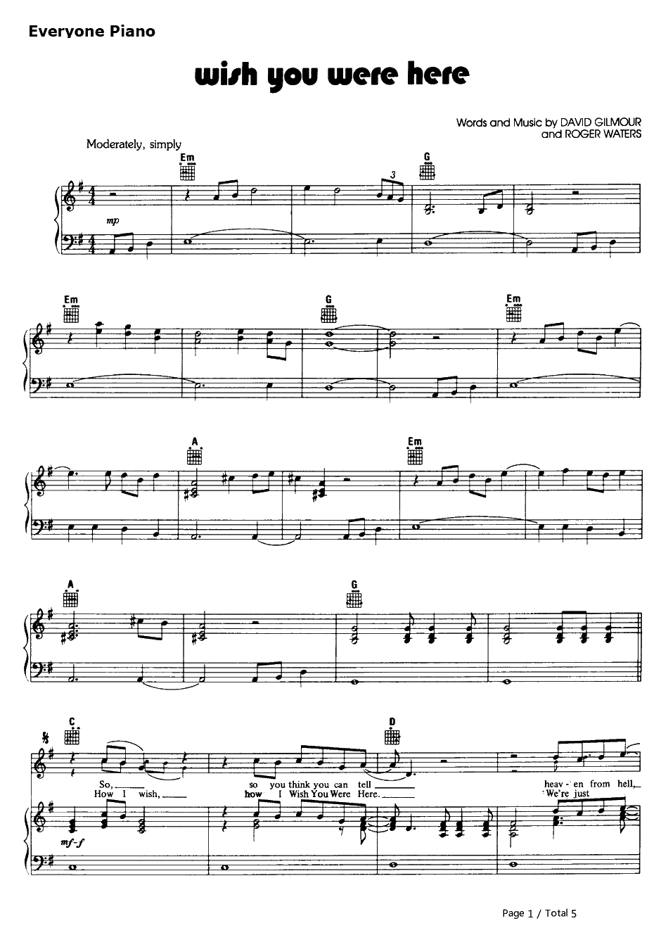 Wish You Were Here钢琴谱-PinkFloyd1