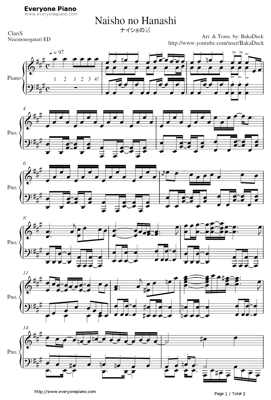 ナイショの话钢琴谱-ClariS-伪物语ED1