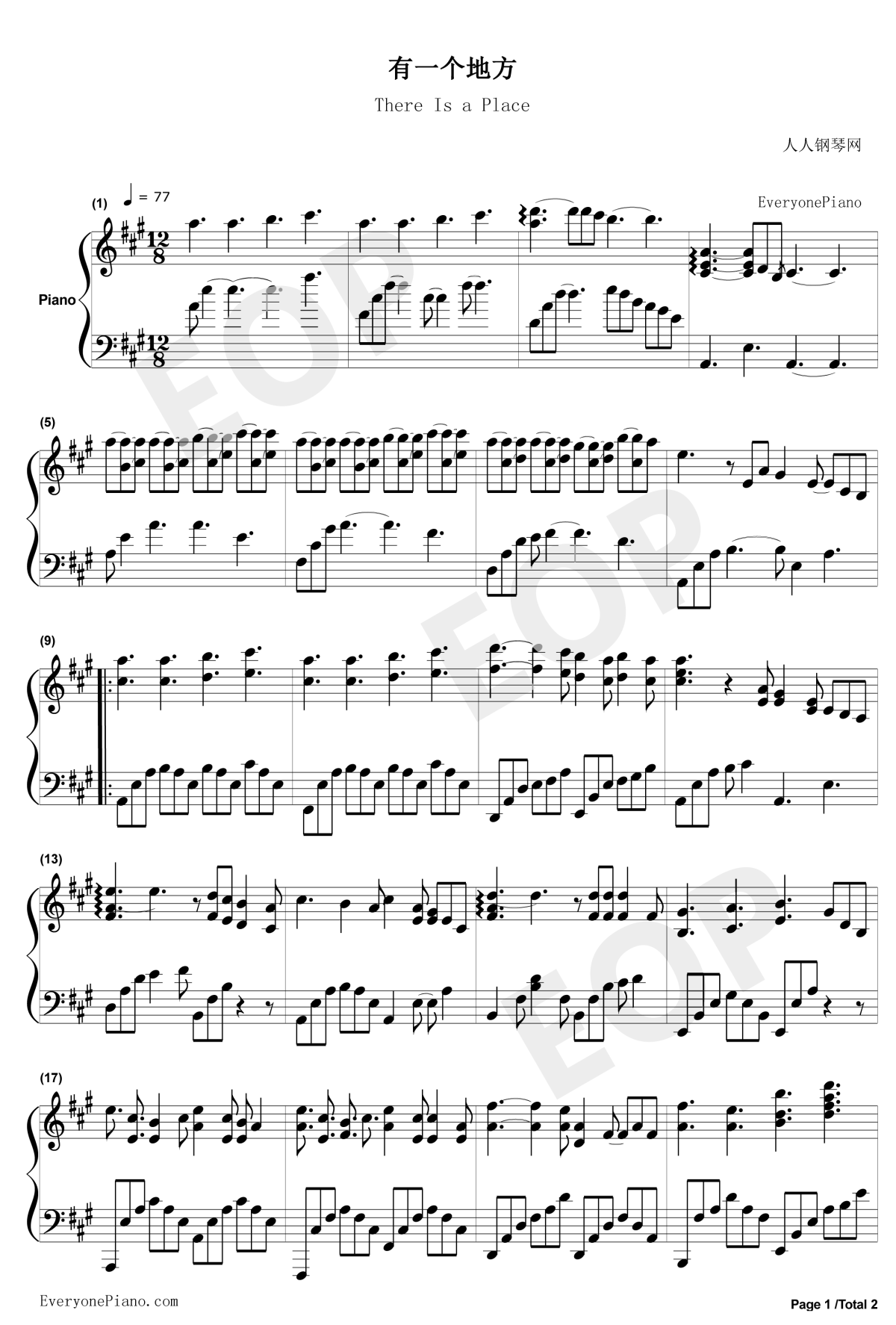 有一个地方钢琴谱-吴亦凡-有一个地方只有我们知道主题曲1