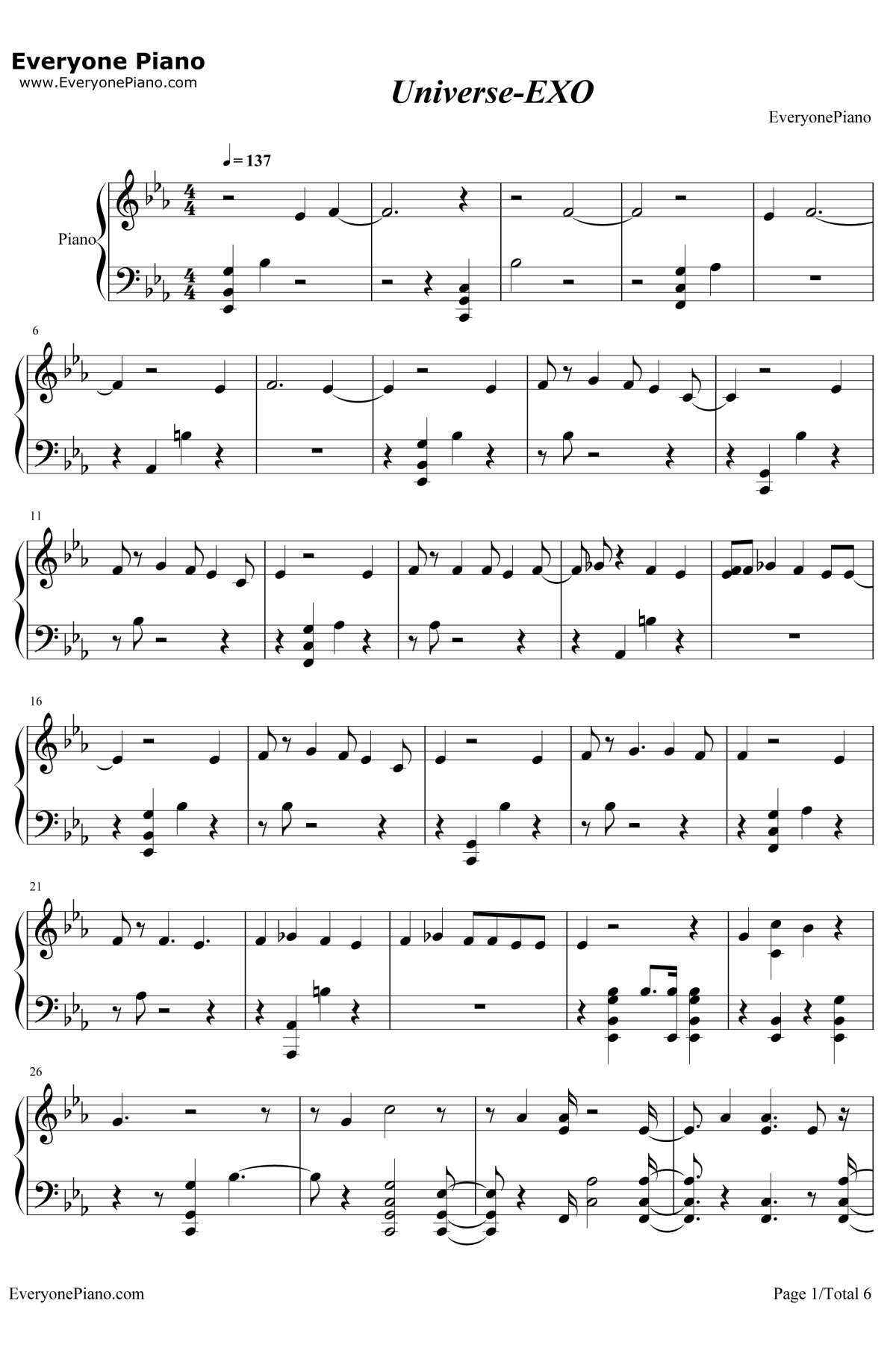 Universe钢琴谱-EXO1
