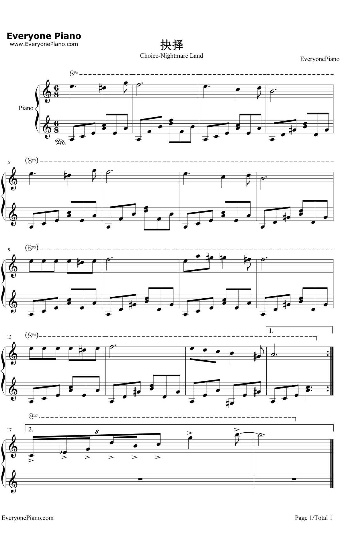 抉择钢琴谱-未知-游戏《噩梦乐园》BGM1