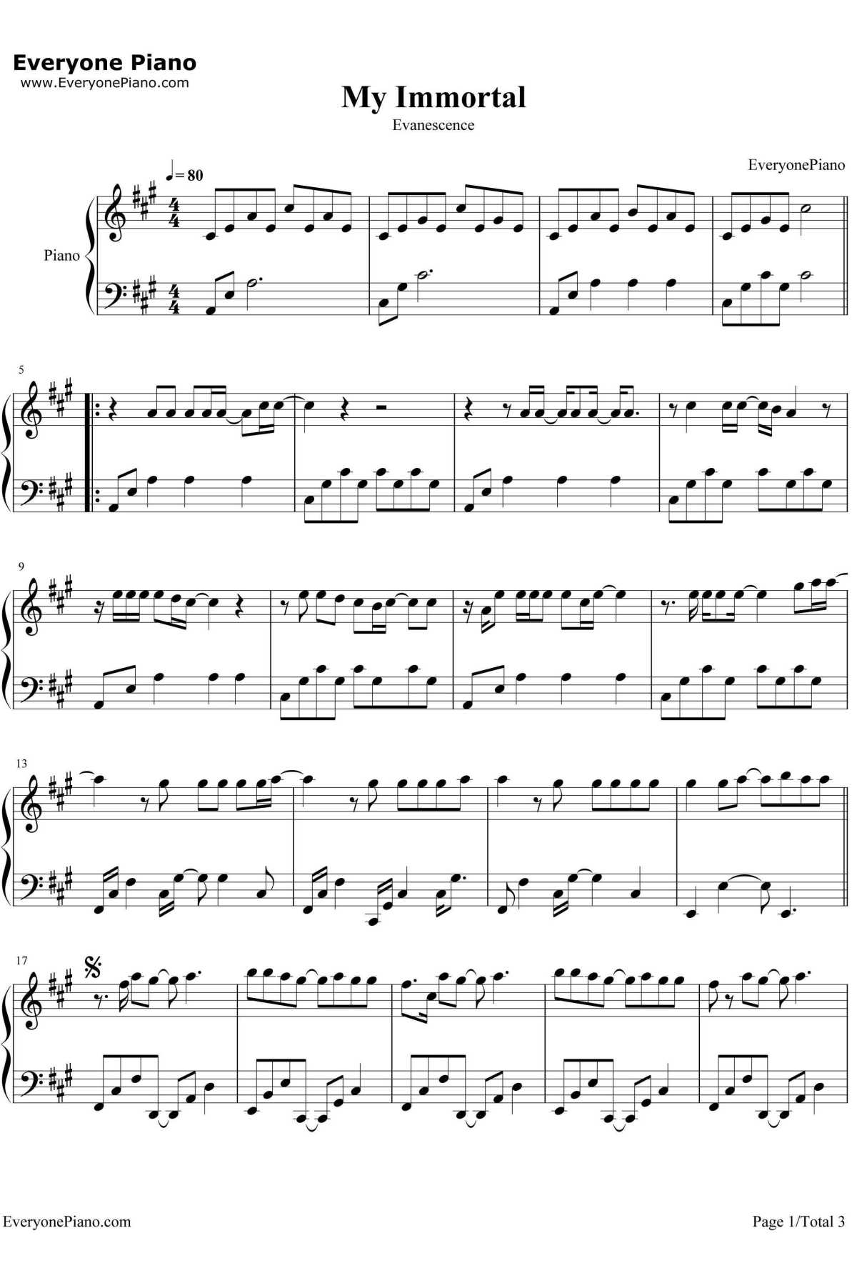 My Immortal钢琴谱--Evanescence1