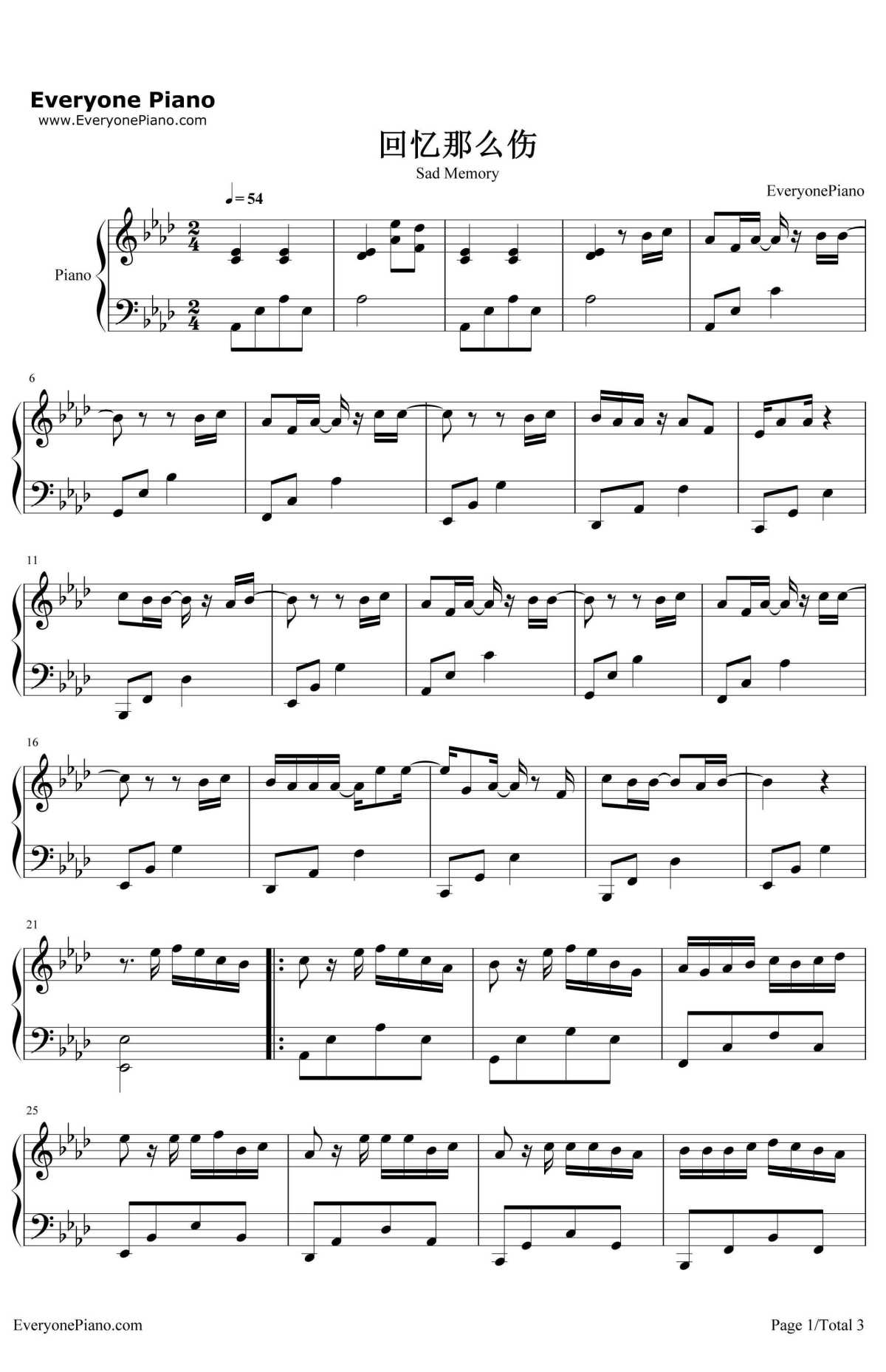 回忆那么伤钢琴谱-孙子涵-《花间提壶方大厨》片尾曲1