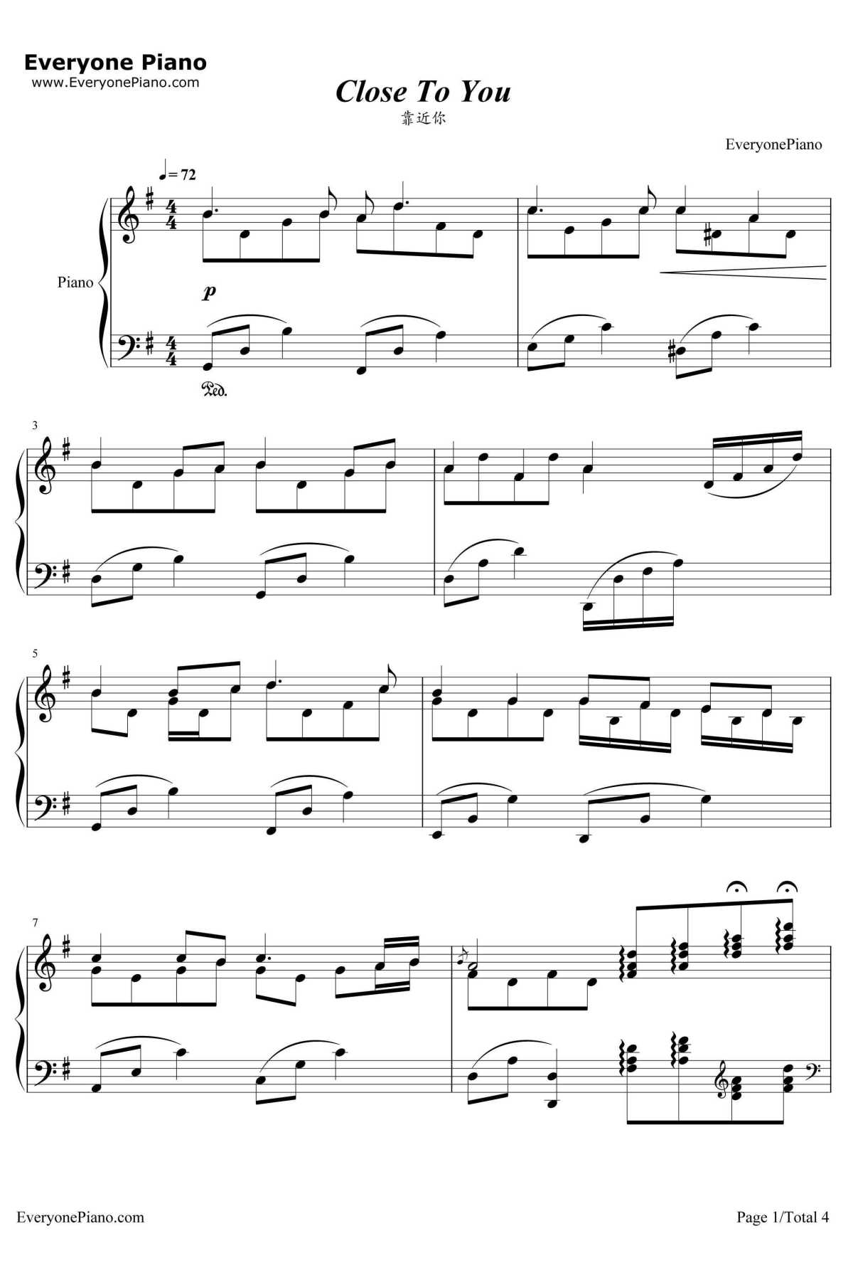 Close To You钢琴谱-日向大介-悠长假期插曲1