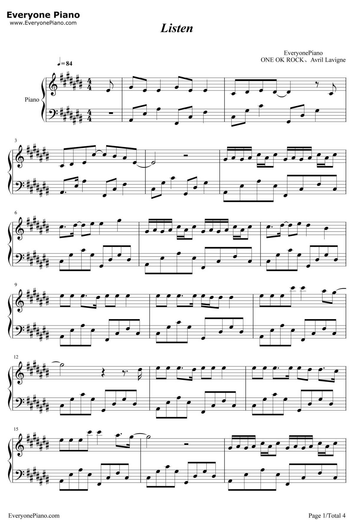 Listen钢琴谱-ONEOKROCKft.AvrilLavigne-ONEOKROCKft.AvrilLavigne1