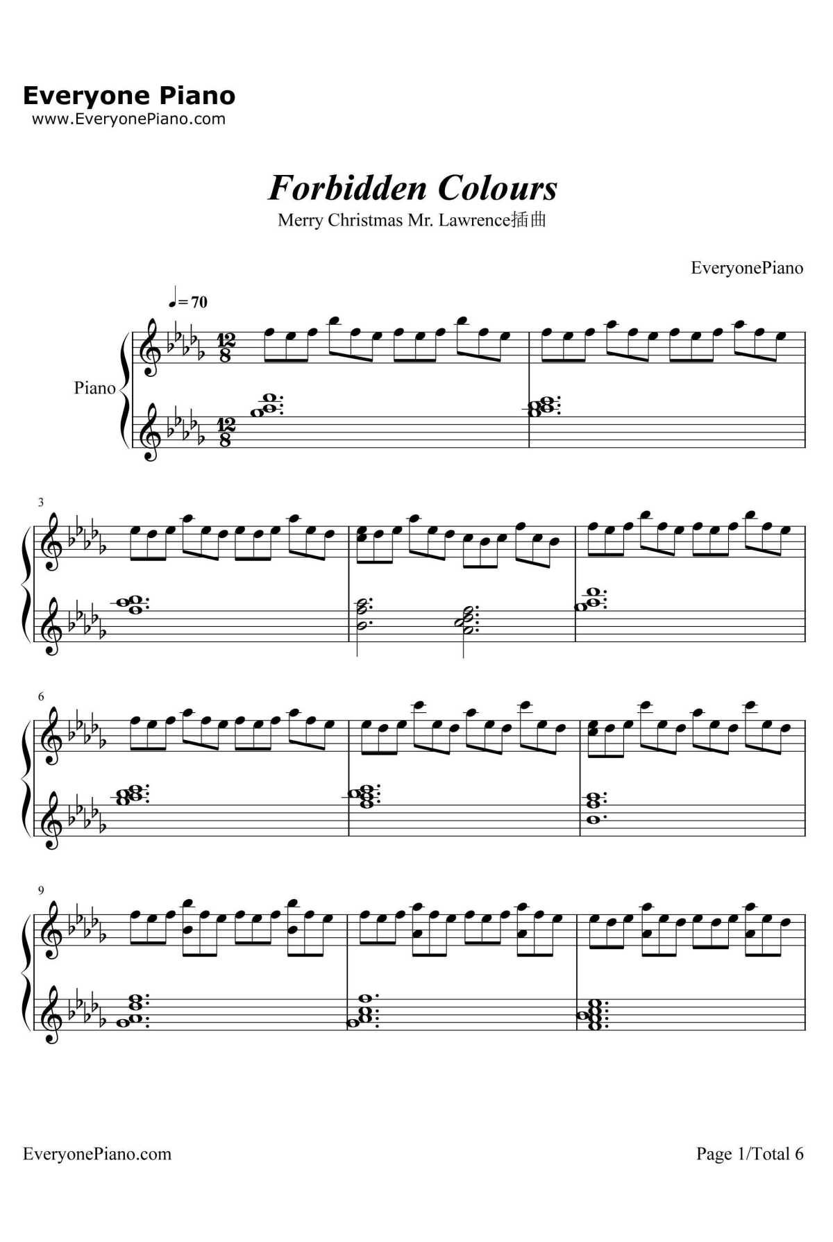 Forbidden Colours钢琴谱-坂本龙一-MerryChristmasMr.Lawrence插曲1