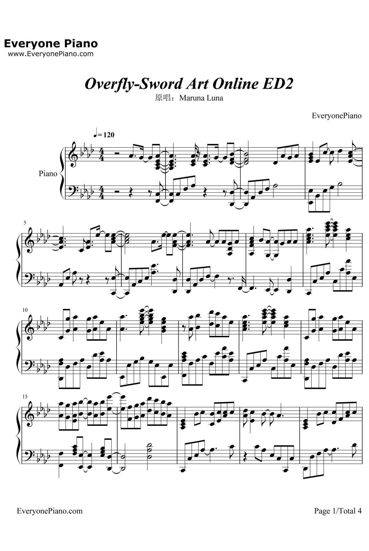 Overfly钢琴谱-春奈露娜-《刀剑神域》ED21