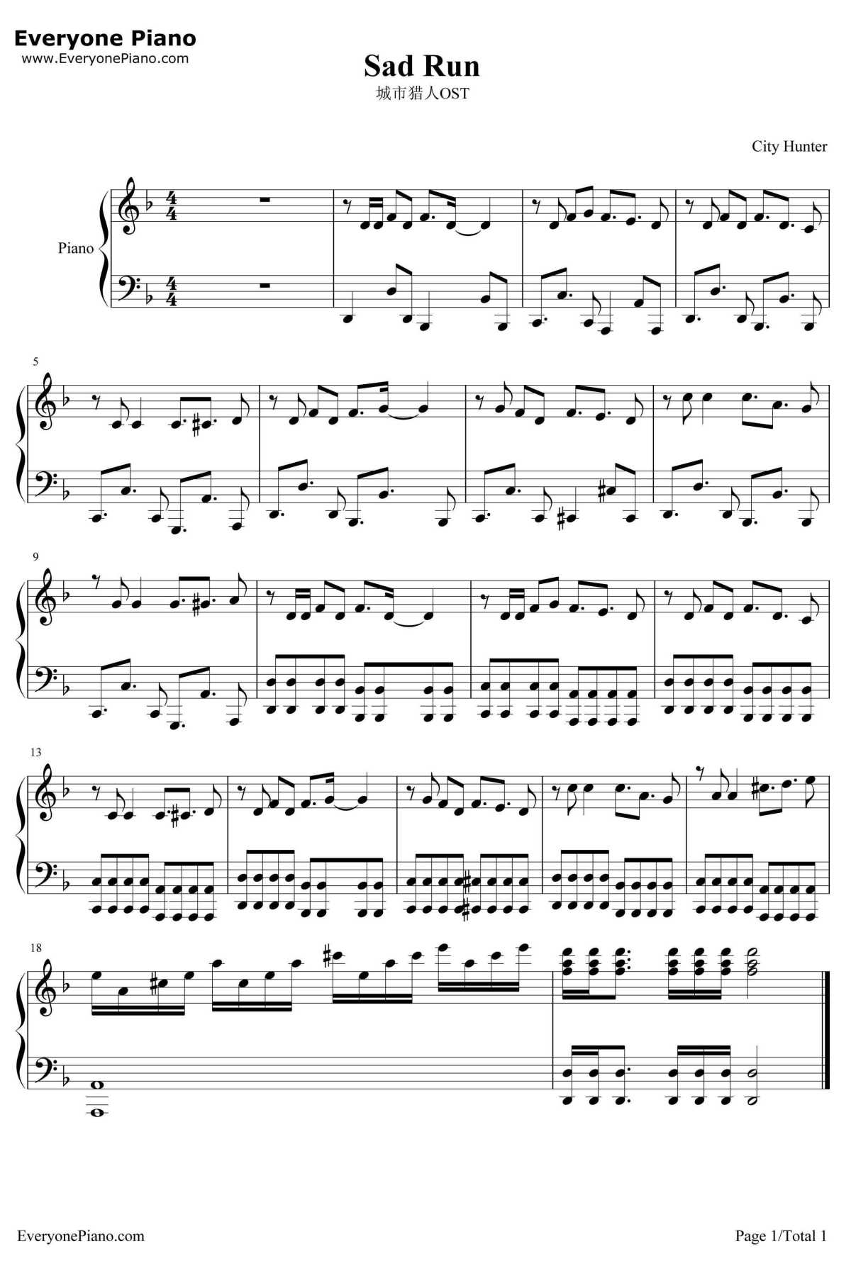 Sad Run钢琴谱-吴俊城-城市猎人OST1