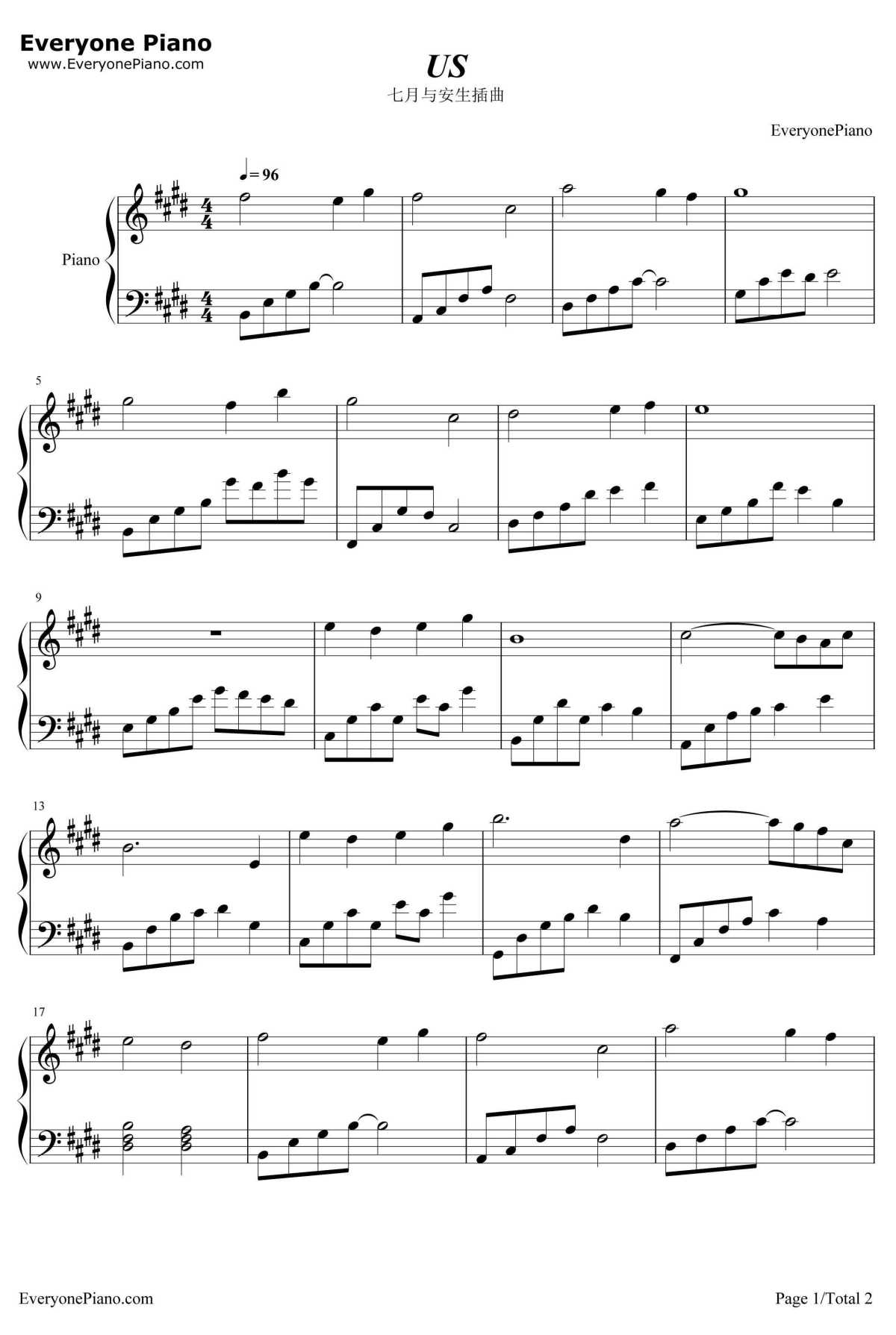 US钢琴谱-廖隽嘉-七月与安生插曲1