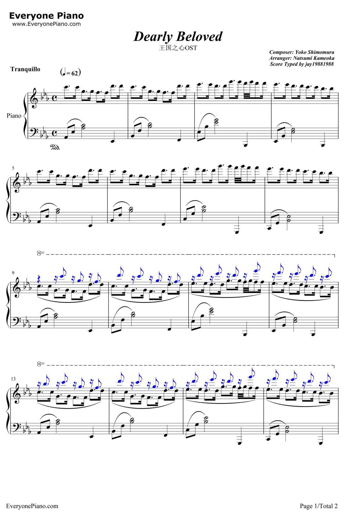 Dearly Beloved钢琴谱-下村阳子-王国之心1