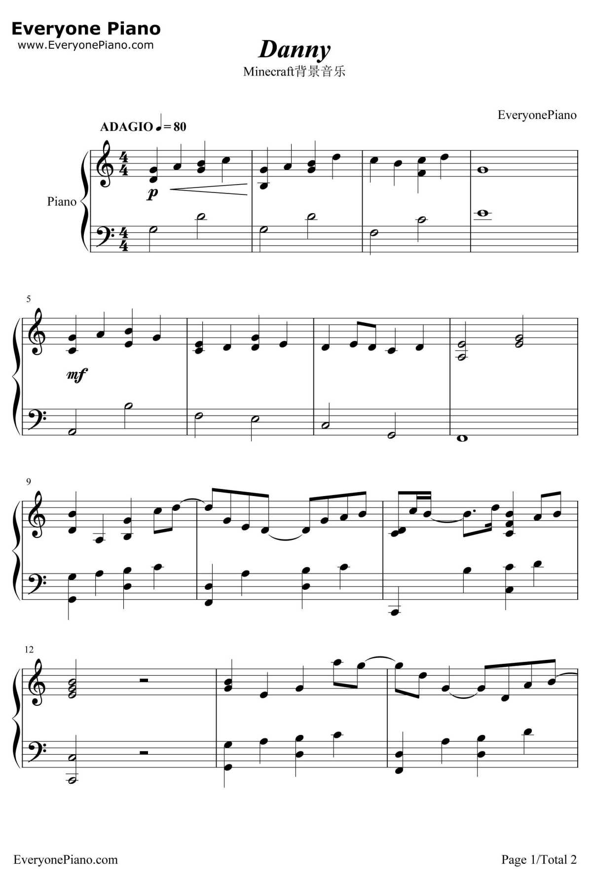 Danny钢琴谱-丹尼尔•罗森菲尔德C418-Minecraft背景音乐1