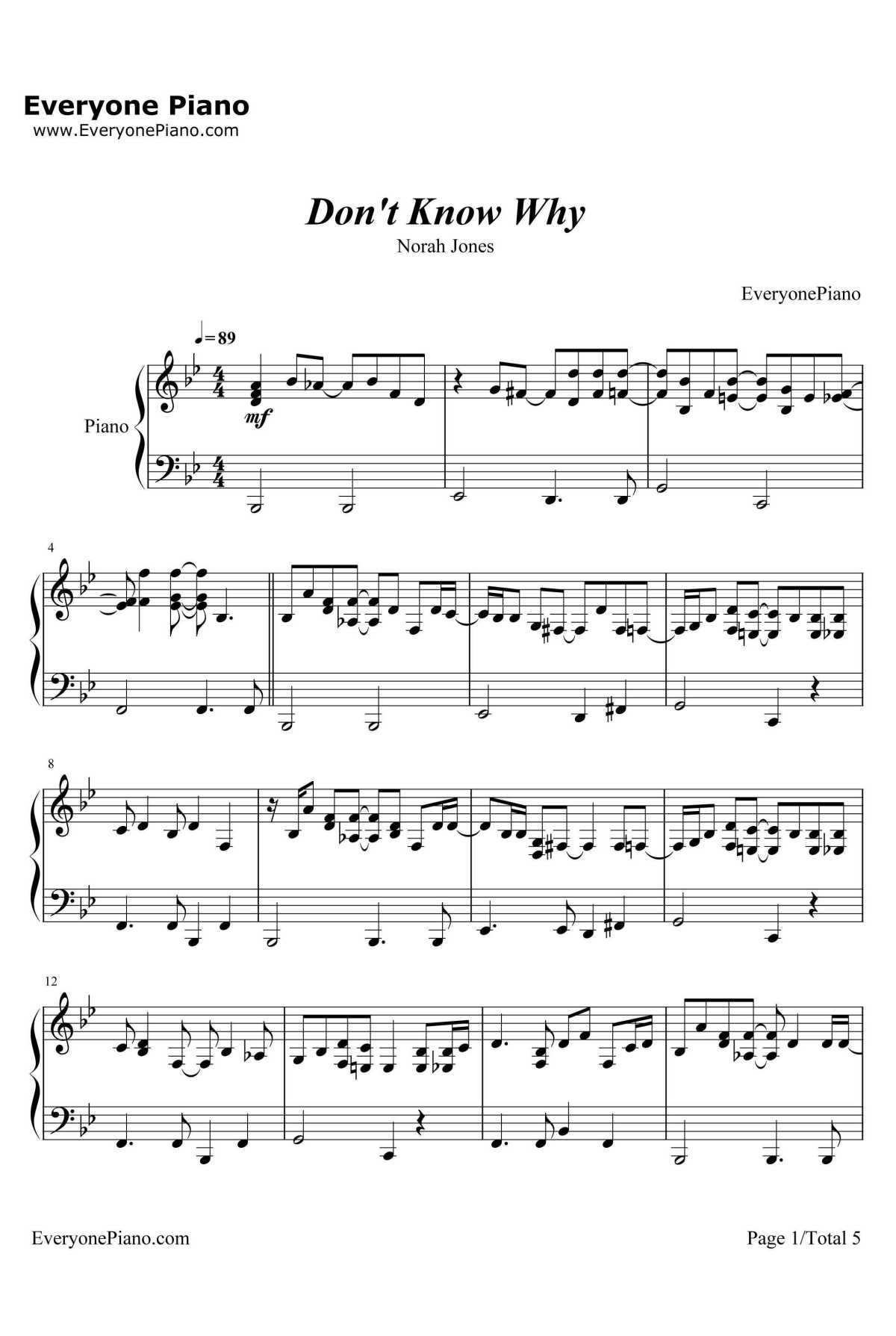 Don't Know Why钢琴谱-NorahJones　诺拉·琼斯　1