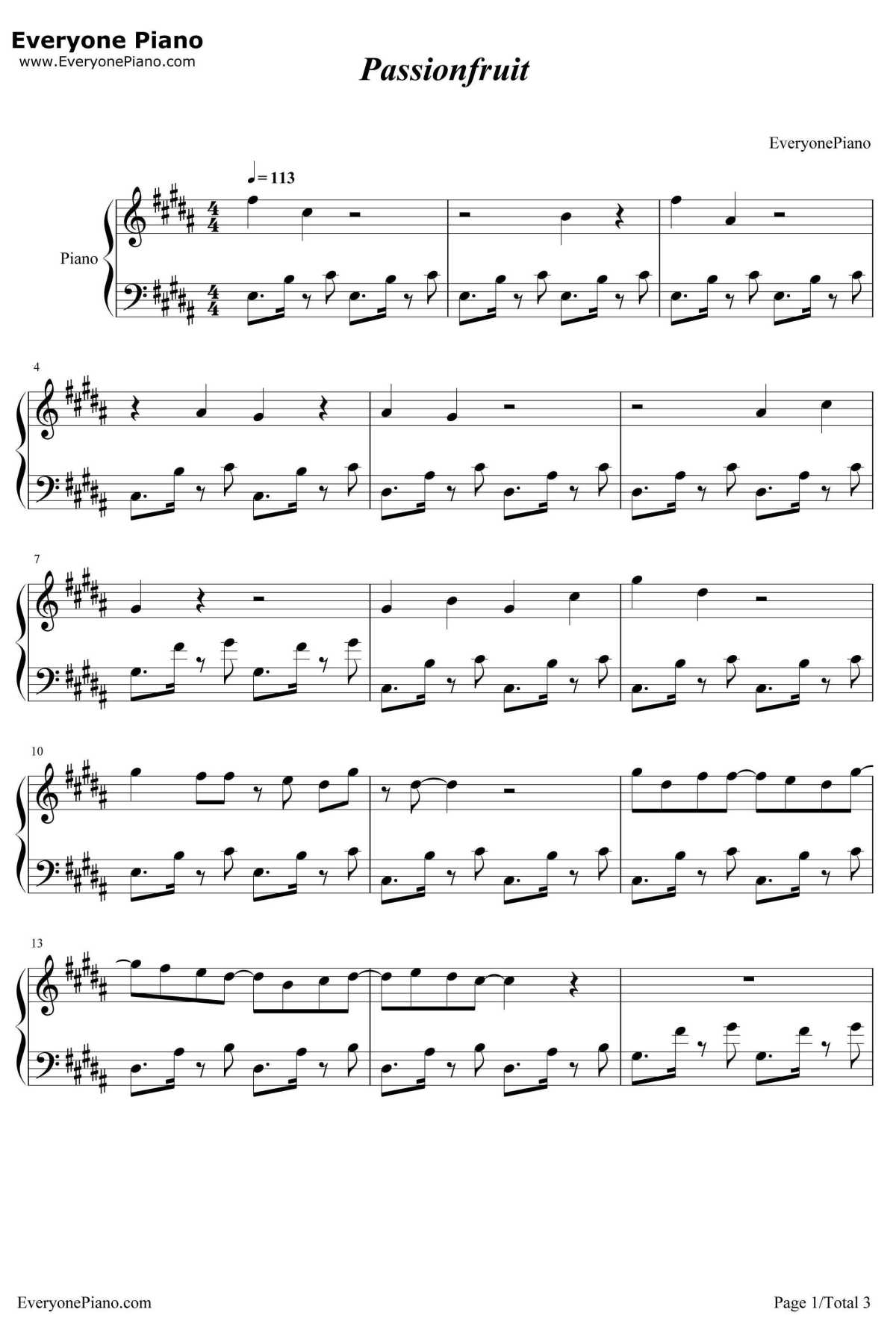 Passionfruit钢琴谱-Drake1