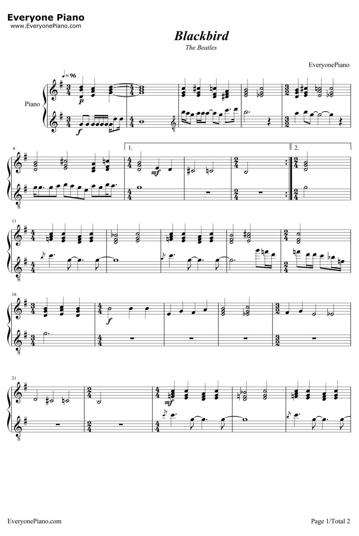 Blackbird钢琴谱-TheBeatles1