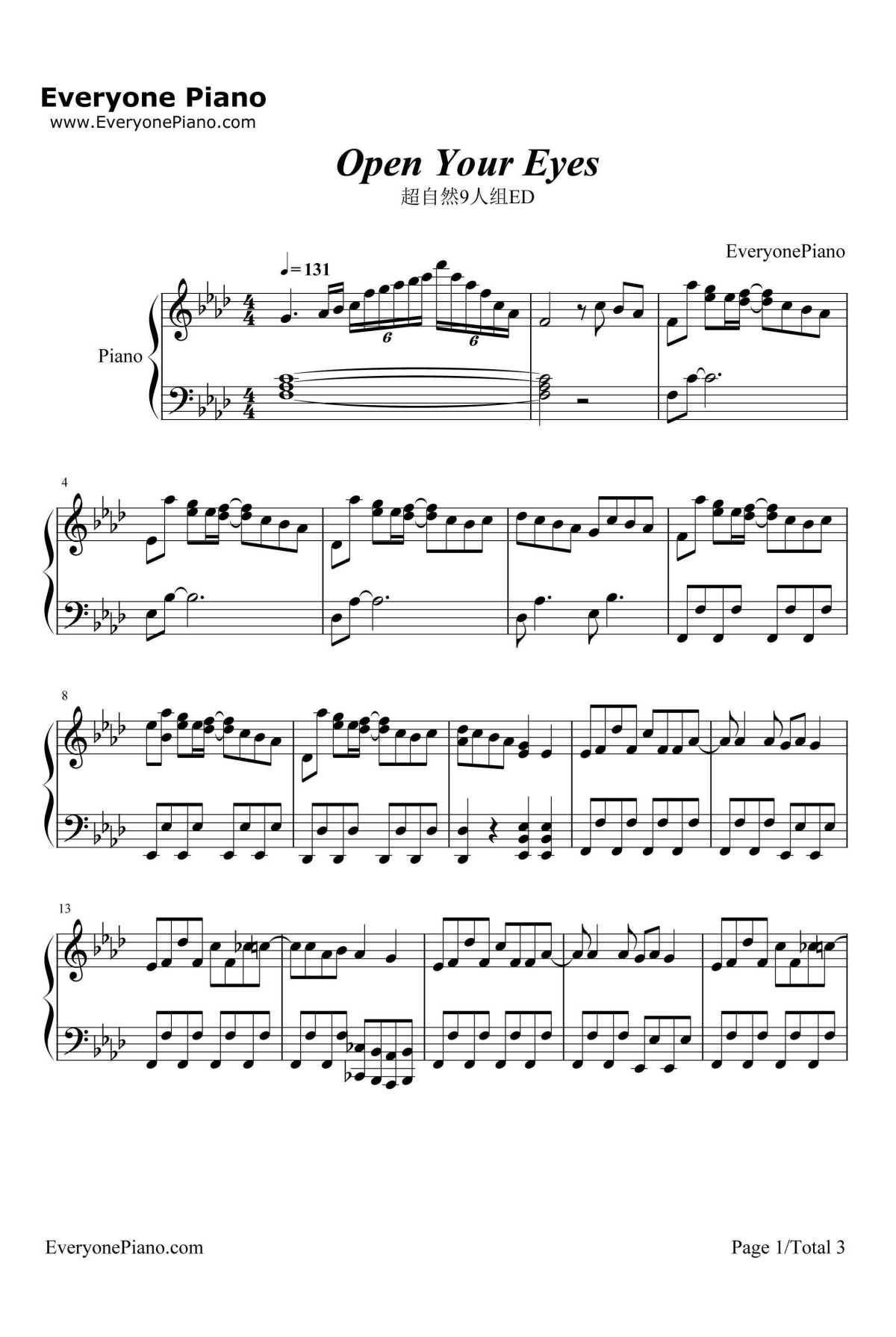 Open Your Eyes钢琴谱-亚咲花-超自然9人组ED1
