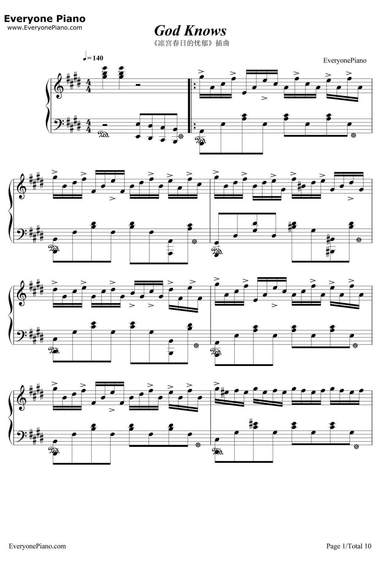 Godknows...钢琴谱-平野绫-凉宫春日的忧郁1