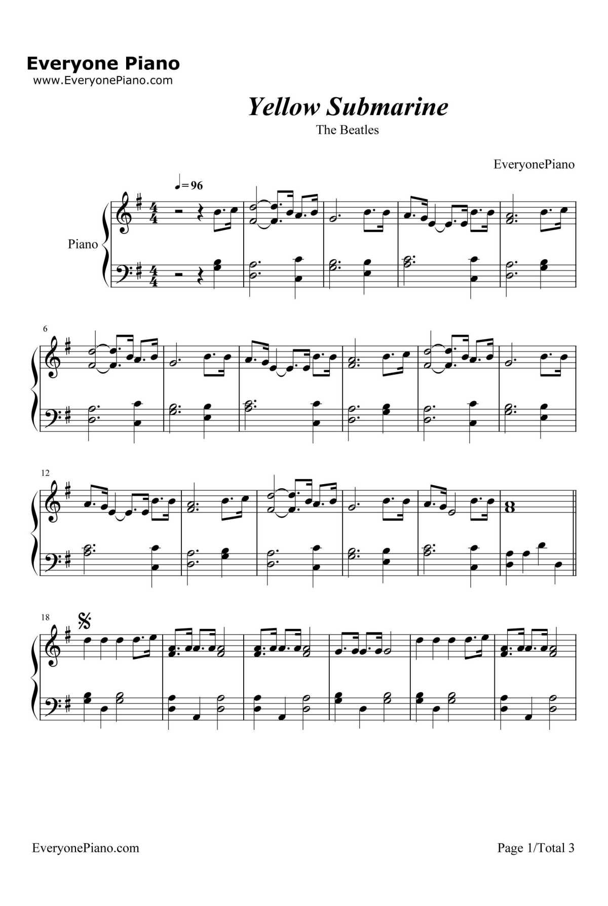 Yellow Submarine钢琴谱-TheBeatles1