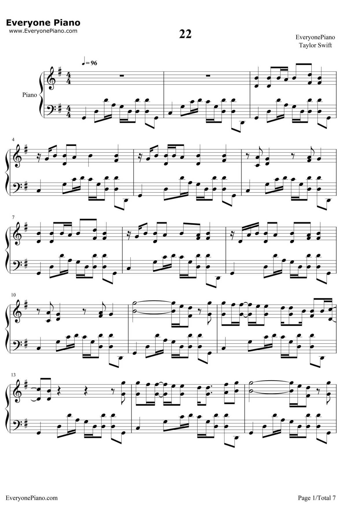 22钢琴谱-TaylorSwift1