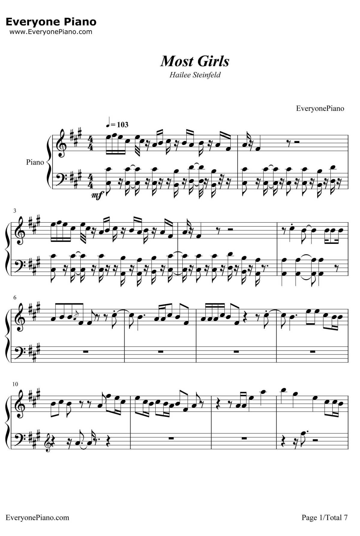 Most Girls钢琴谱-HaileeSteinfeld1