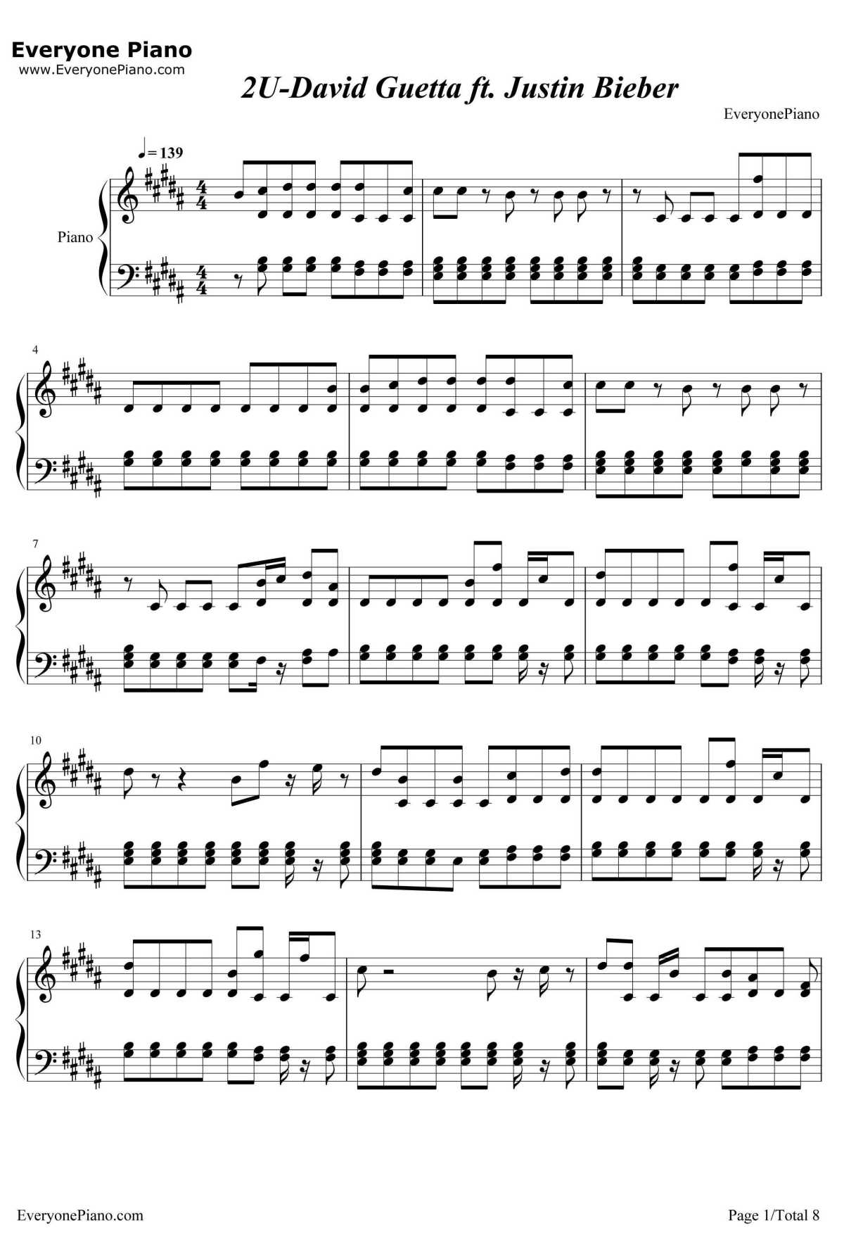 2U钢琴谱-DavidGuettaftJustinBieber1