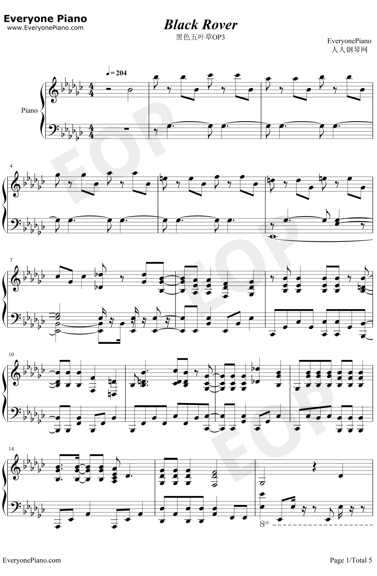 Black Rover钢琴谱-Bickeblanka-黑色五叶草OP31