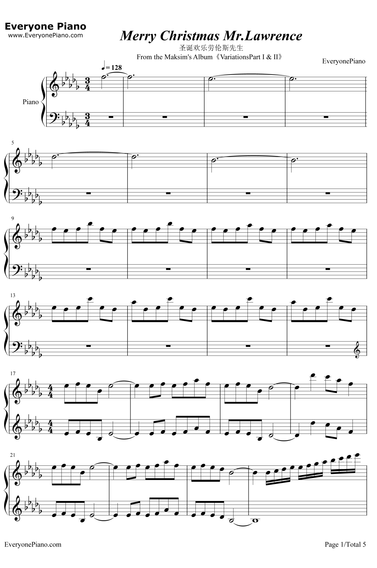 Merry Christmas Mr Lawrence钢琴谱-坂本龙一-圣诞快乐劳伦斯先生原声音乐1