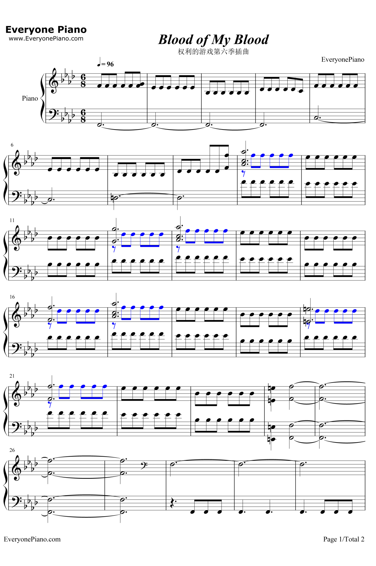 Blood of My Blood钢琴谱-RaminDjawadi-权利的游戏第六季插曲1