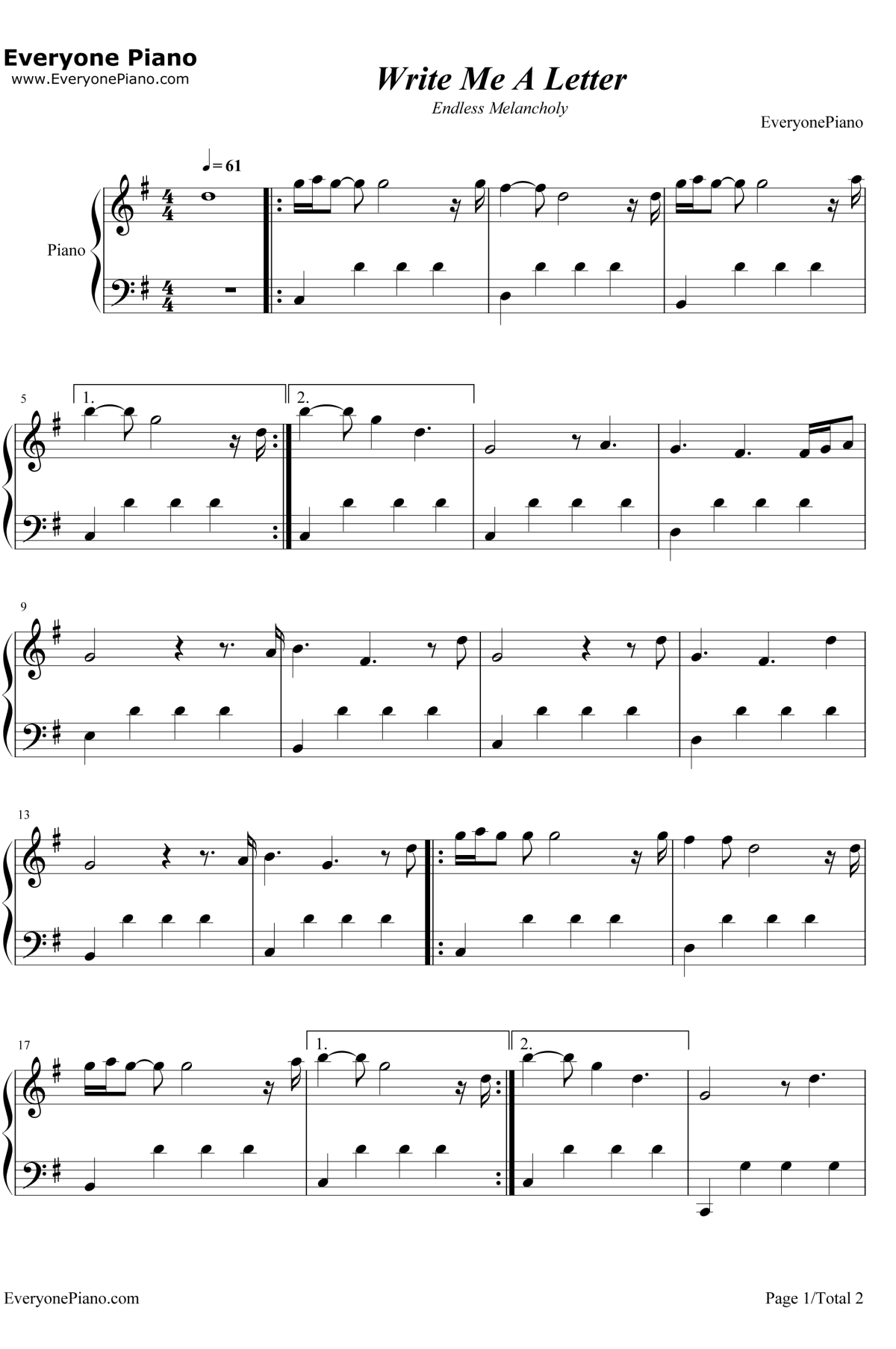 Write Me ALetter钢琴谱-EndlessMelancholy1