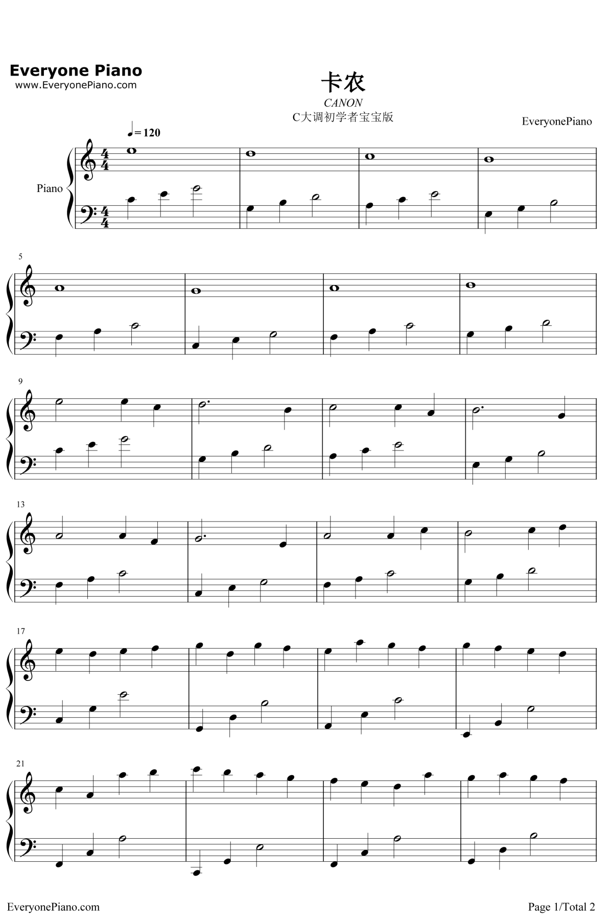 卡农钢琴谱-JohannPachelbel-Canon-C大调初学者版1