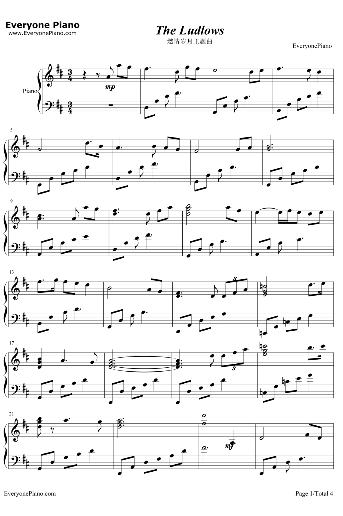 The Ludlows钢琴谱-JamesHorner-影片燃情岁月主题曲1