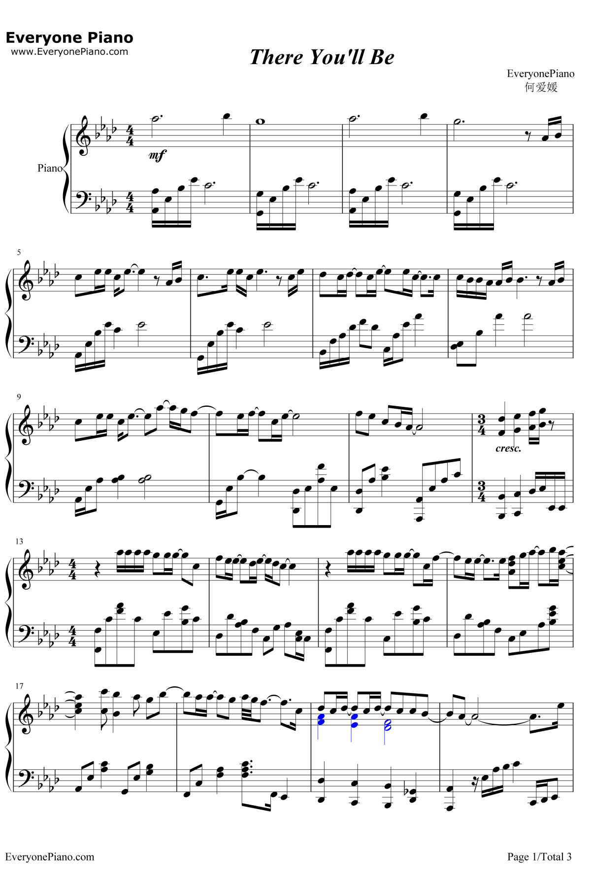 There You'll Be钢琴谱-FaithHill费丝希尔-电影珍珠港片尾曲1