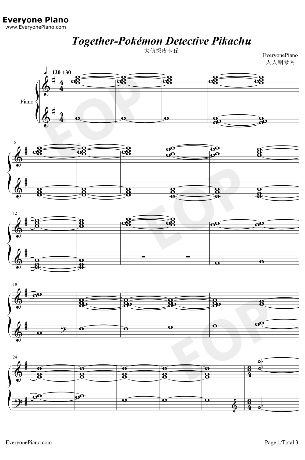 Together钢琴谱-HenryJackman-大侦探皮卡丘OST1