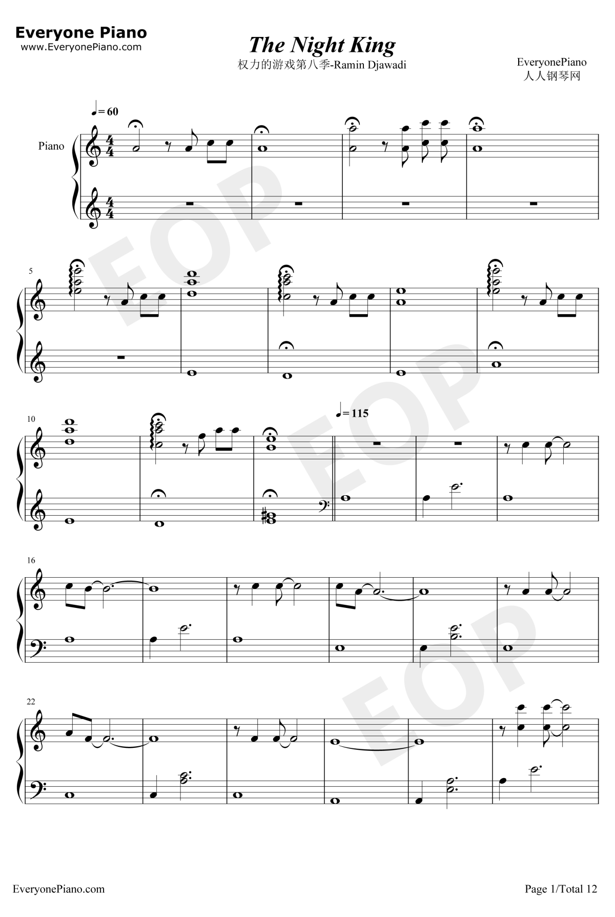 The Night King钢琴谱-RaminDjawadi-权力的游戏第八季OST1