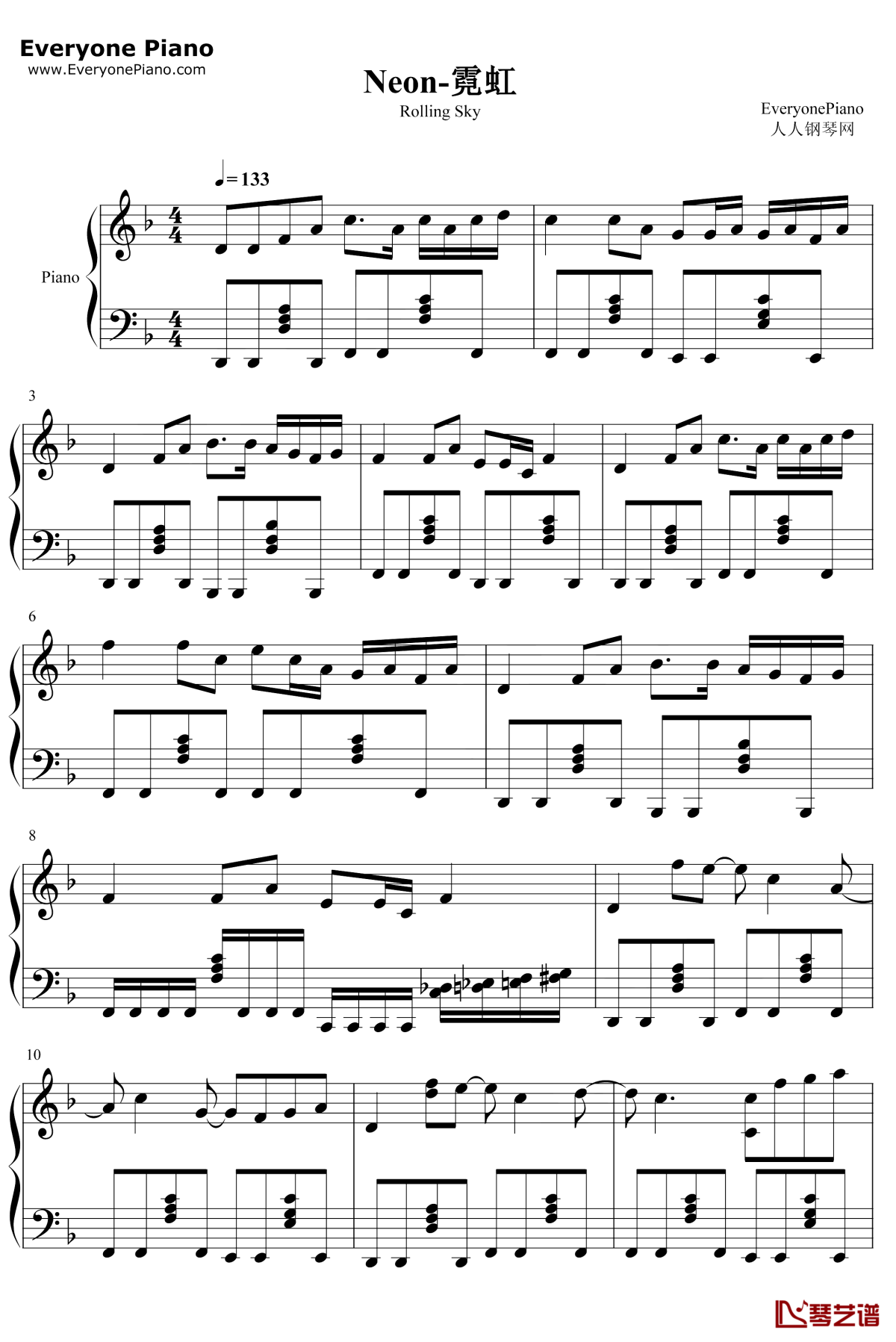 Neon钢琴谱-猎豹移动公司-霓虹-滚动的天空1